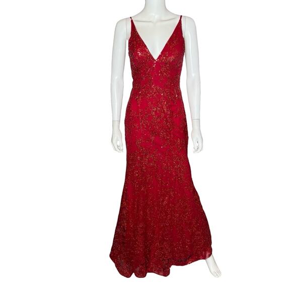 Blondie Nites Juniors' Glitter-Floral V-Neck Gown Red Sz 3 - Picture 2 of 10